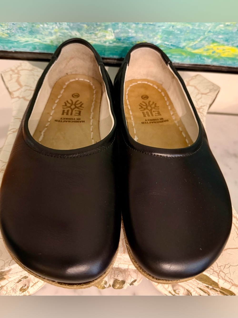 Earthing Harmony Black Leather Slip-On Flats with Cushioned Insole